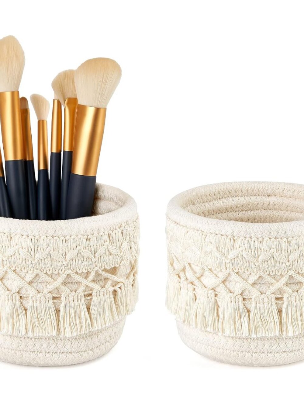 Macrame Makeup Brush Holder, Boho Mini Storage Basket Set of 2 Ivory